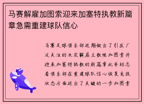 马赛解雇加图索迎来加塞特执教新篇章急需重建球队信心 马赛解雇加图索迎来加塞特执教新篇章急需重建球队信心