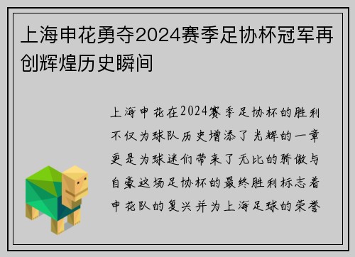 上海申花勇夺2024赛季足协杯冠军再创辉煌历史瞬间 上海申花勇夺2024赛季足协杯冠军再创辉煌历史瞬间